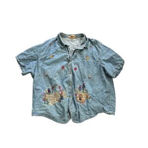 Just My Size Denim Top Button Down Shirt Womens 22W/24W Embroidered‎ Flowers
